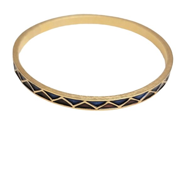 Trifari Crown Over T Gold Tone Red Blue Enamel Thin Bangle, Signed - Picture 3 of 7